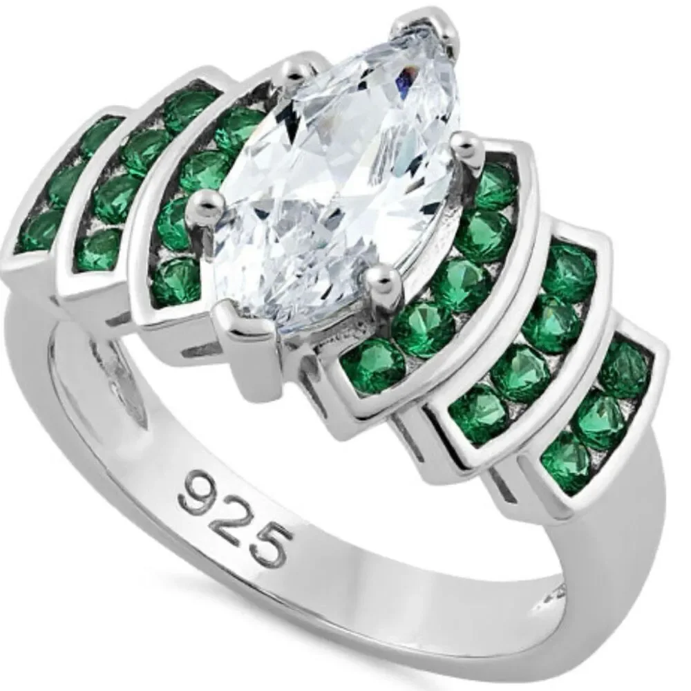 Sterling Silver Emerald Spinel Marquise Cut Clear CZ Ring New